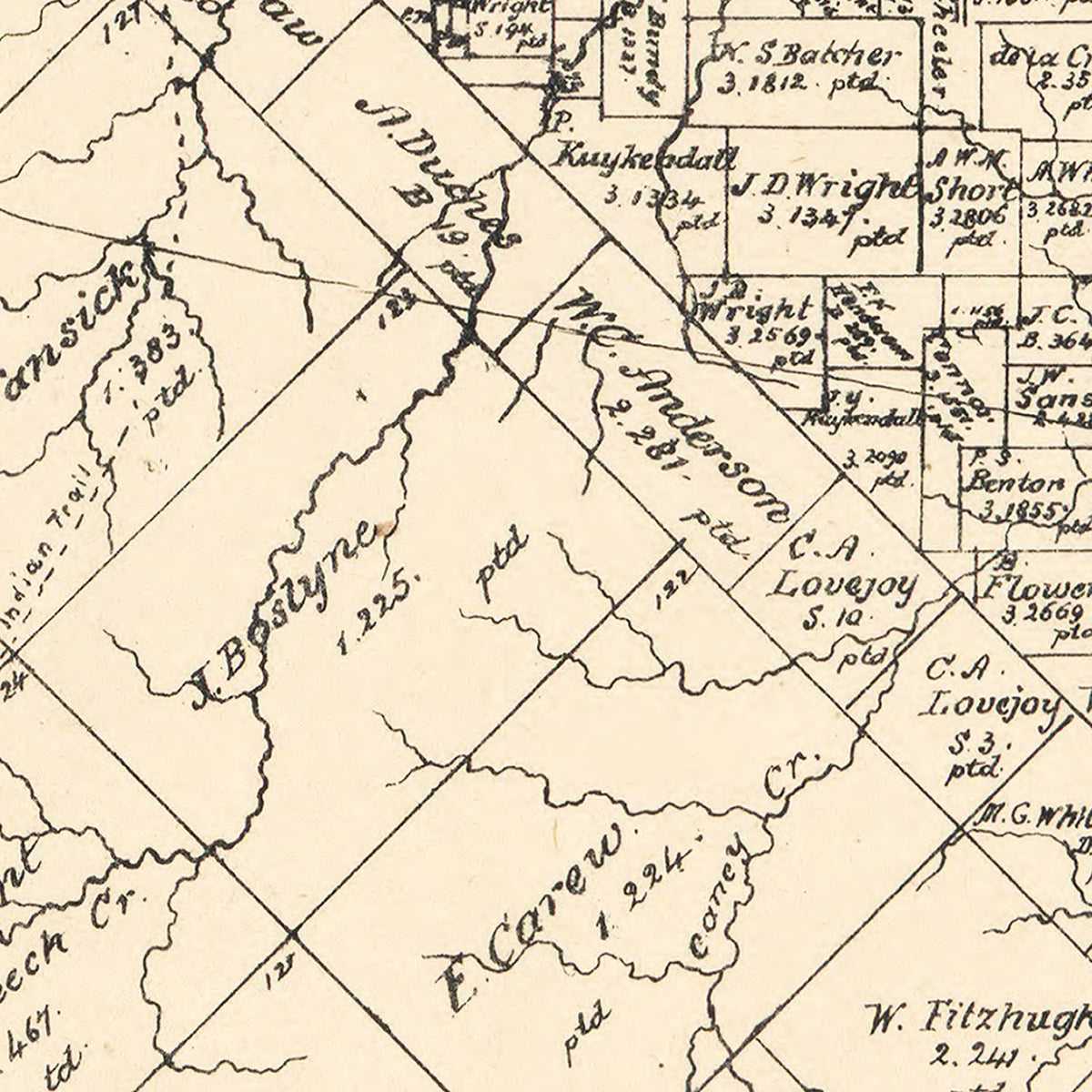 Restored historic details from the 1884 county map of Van Zandt County, Texas