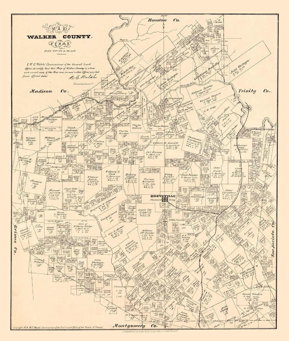 Vintage Map of Walker County, Texas 1879 print style example