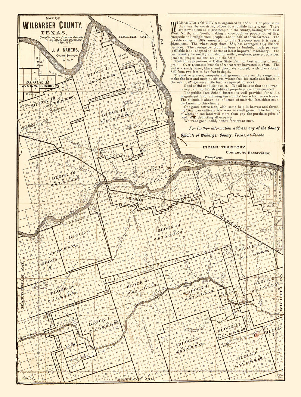 Vintage Map of Wilbarger County, Texas 1887 print style example