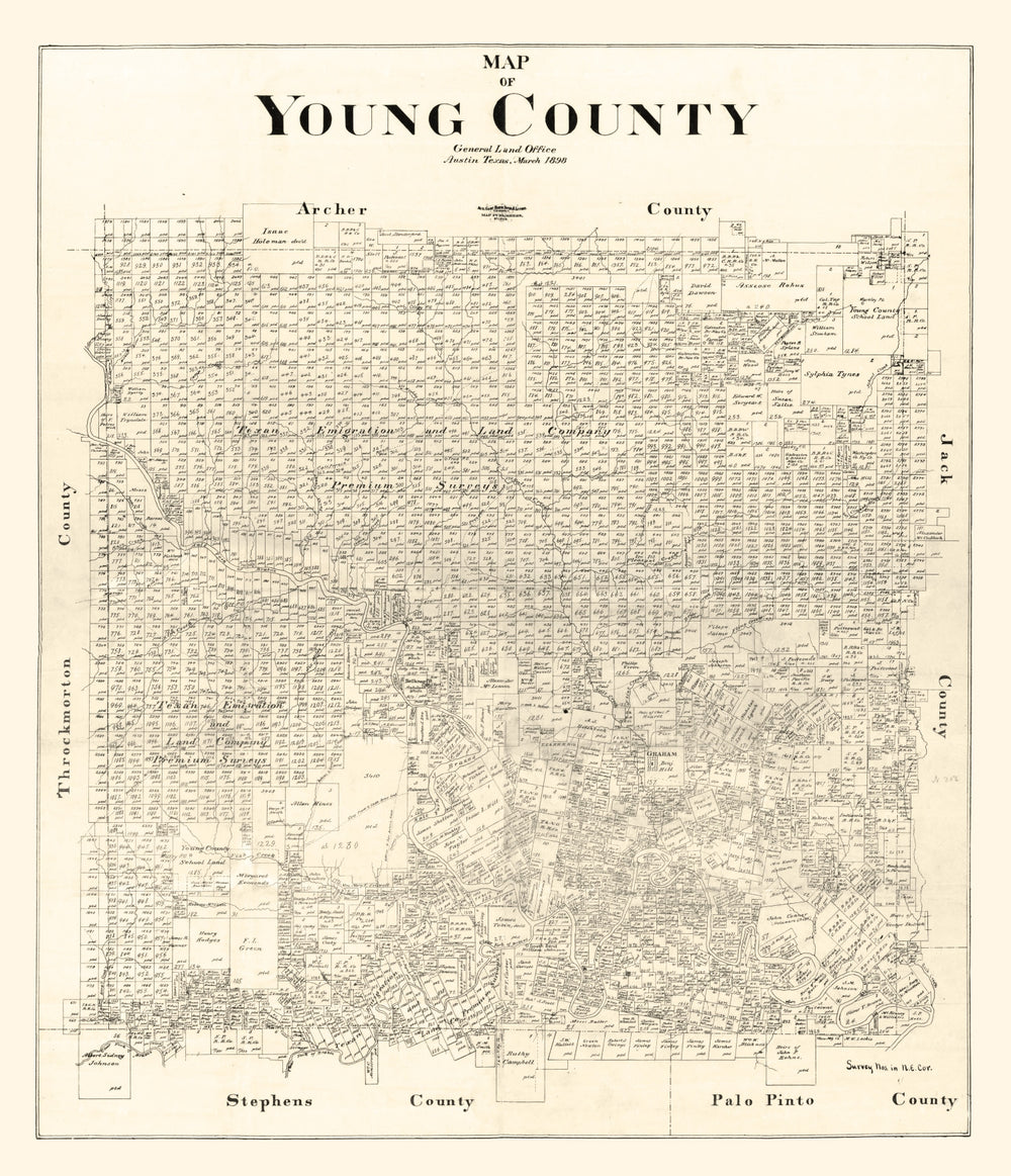 Vintage Map of Young County, Texas 1898 print style example