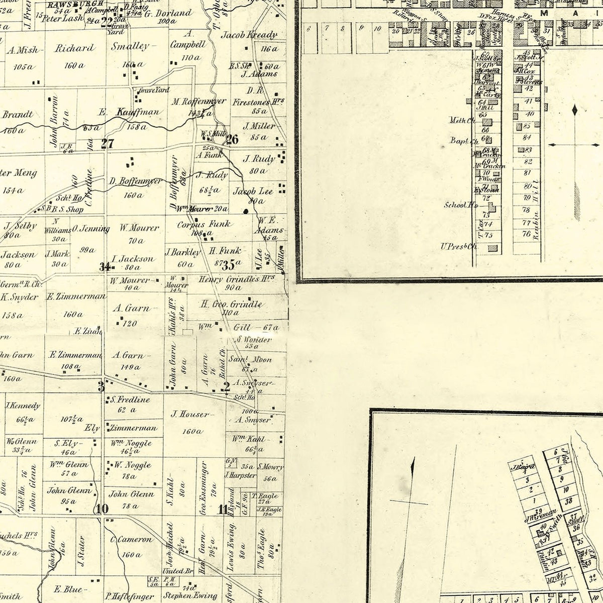 Restored historic details from the 1861 county map of Ashland County, Ohio