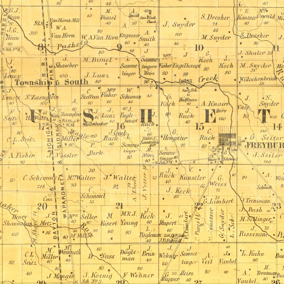 Restored historic details from the 1860 county map of Auglaize County, Ohio
