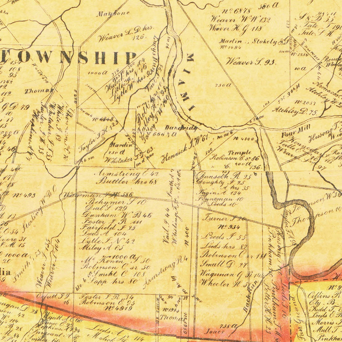 Restored historic details from the 1857 county map of Clermont County, Ohio