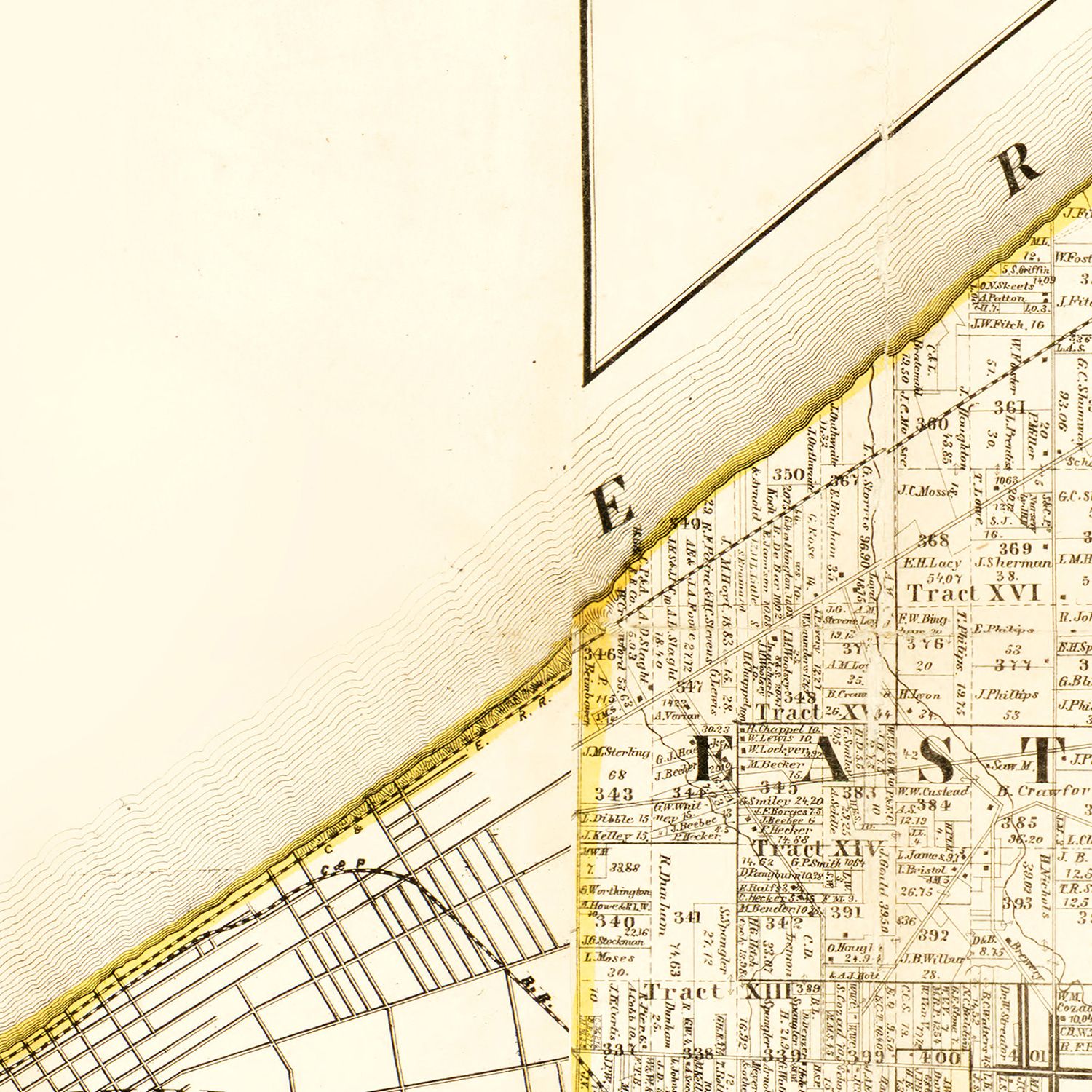 Restored historic details from the 1858 county map of Cuyahoga County, Ohio