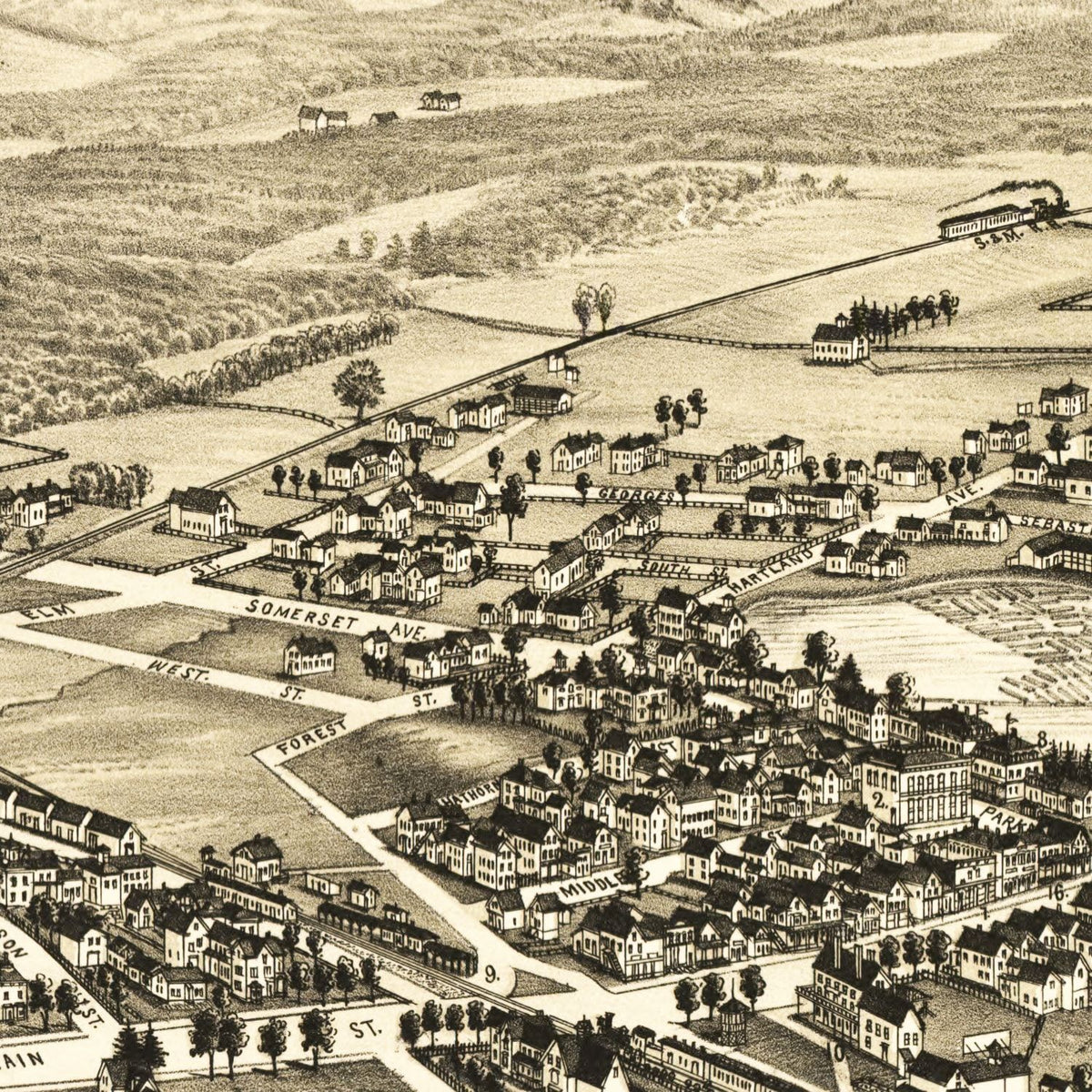 Restored historic details from the 1889 city map of Pittsfield, Maine