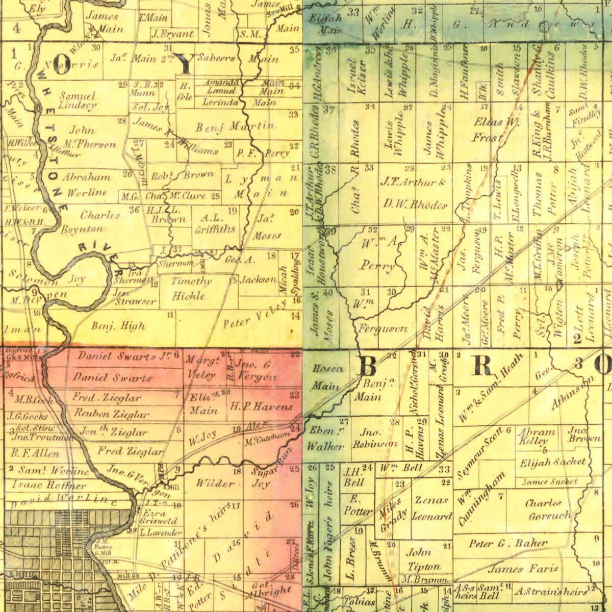 Restored historic details from the 1849 county map of Delaware County, Ohio