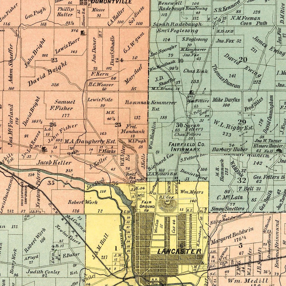 Restored historic details from the 1889 county map of Fairfield County, Ohio