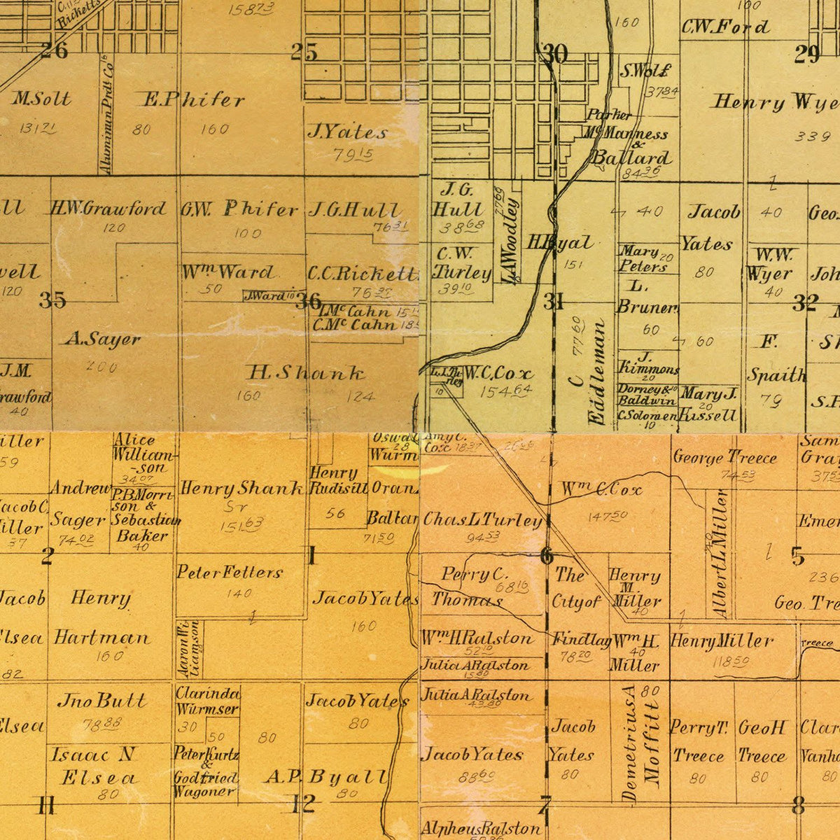 Restored historic details from the 1890 county map of Hancock County, Ohio