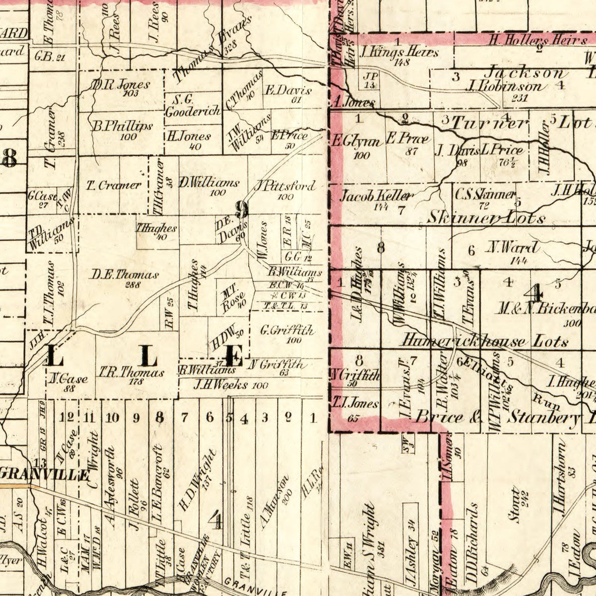 Restored historic details from the 1854 county map of Licking County, Ohio
