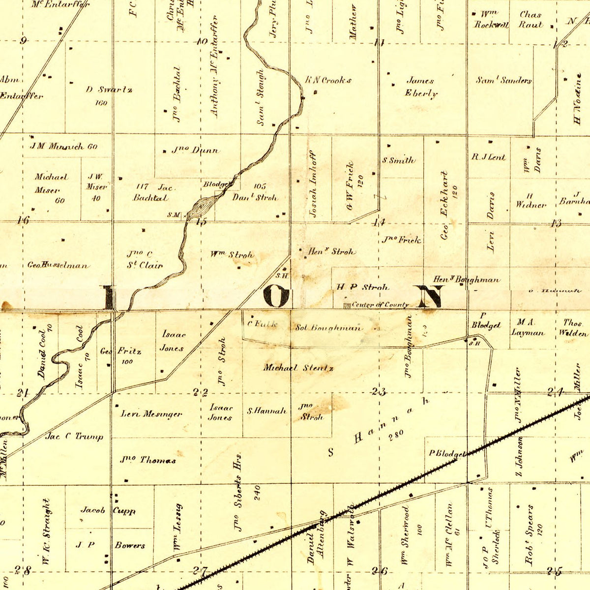Restored historic details from the 1863 county map of De Kalb County, Ohio