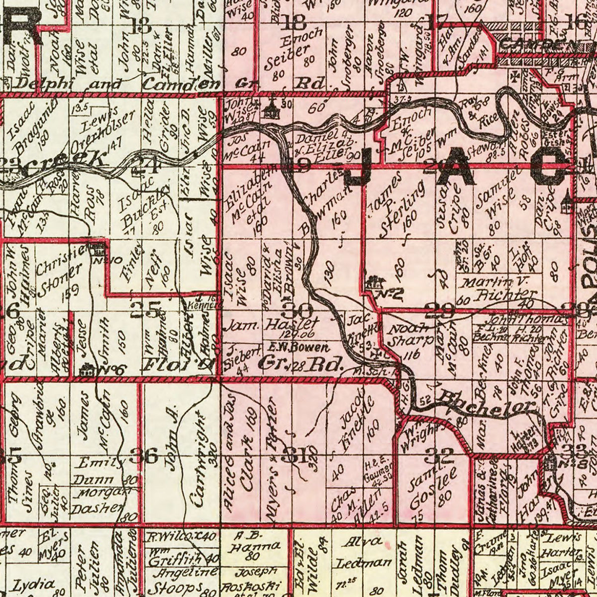 Restored historic details from the 1898 county map of Carroll County, Indiana