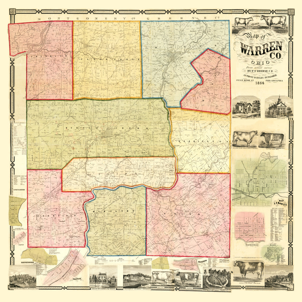 Vintage Map of Warren County, Ohio 1856 print style example