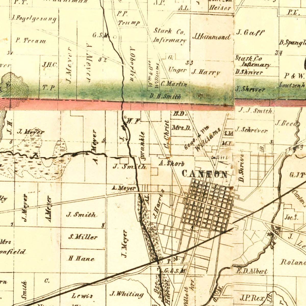 Restored historic details from the 1850 county map of Stark County, Ohio