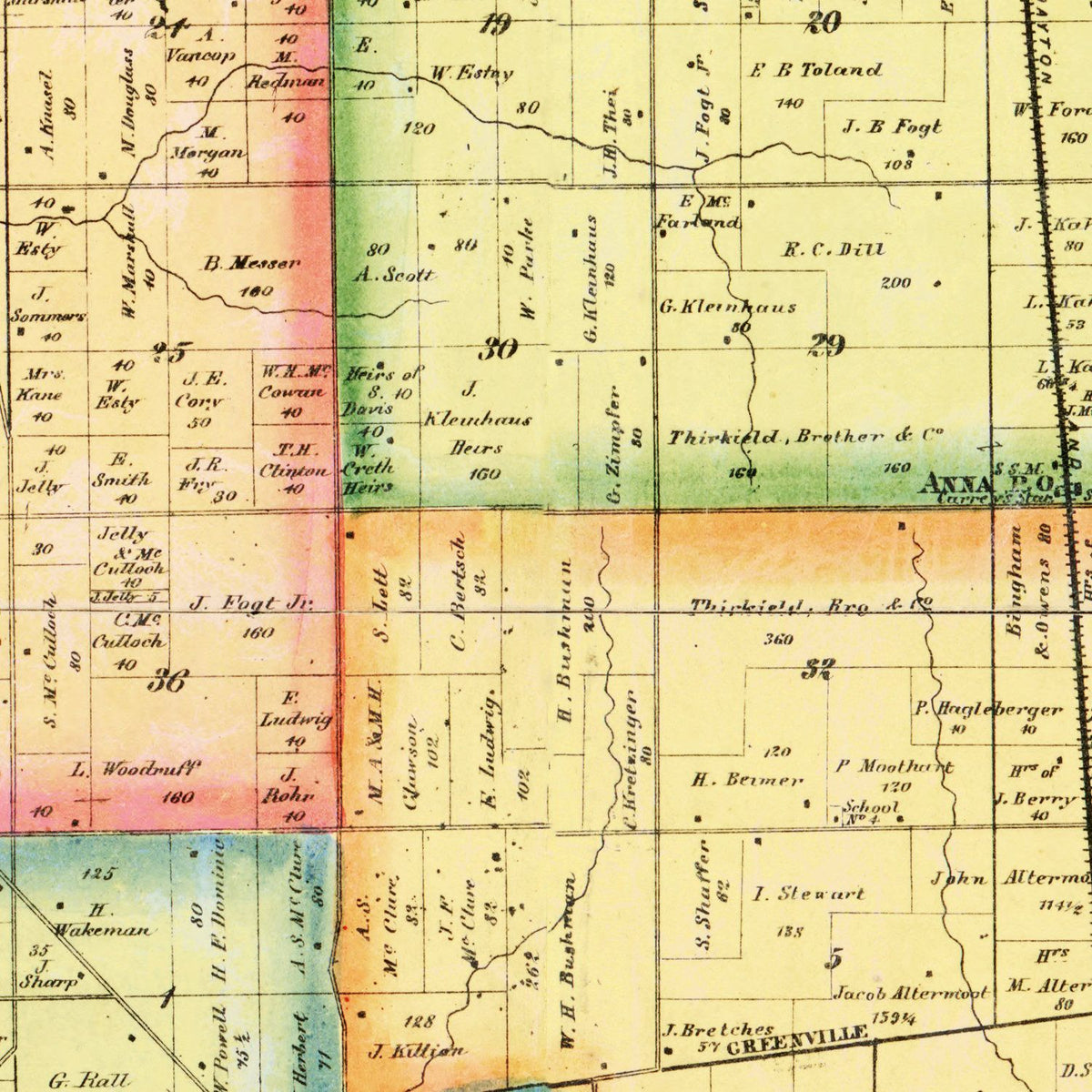 Restored historic details from the 1865 county map of Shelby County, Ohio