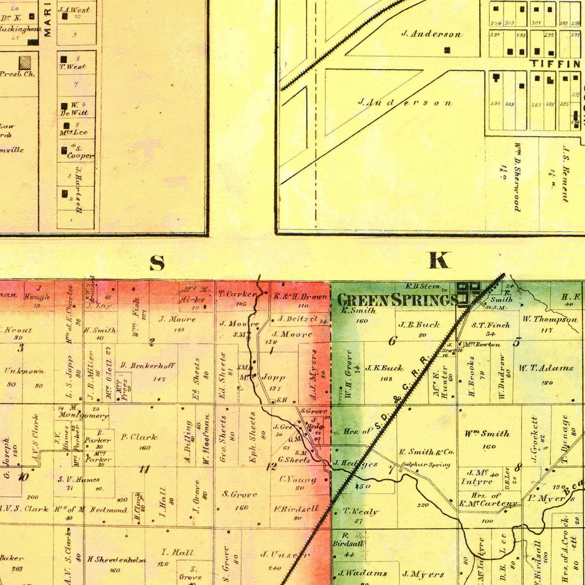 Restored historic details from the 1864 county map of Seneca County, Ohio