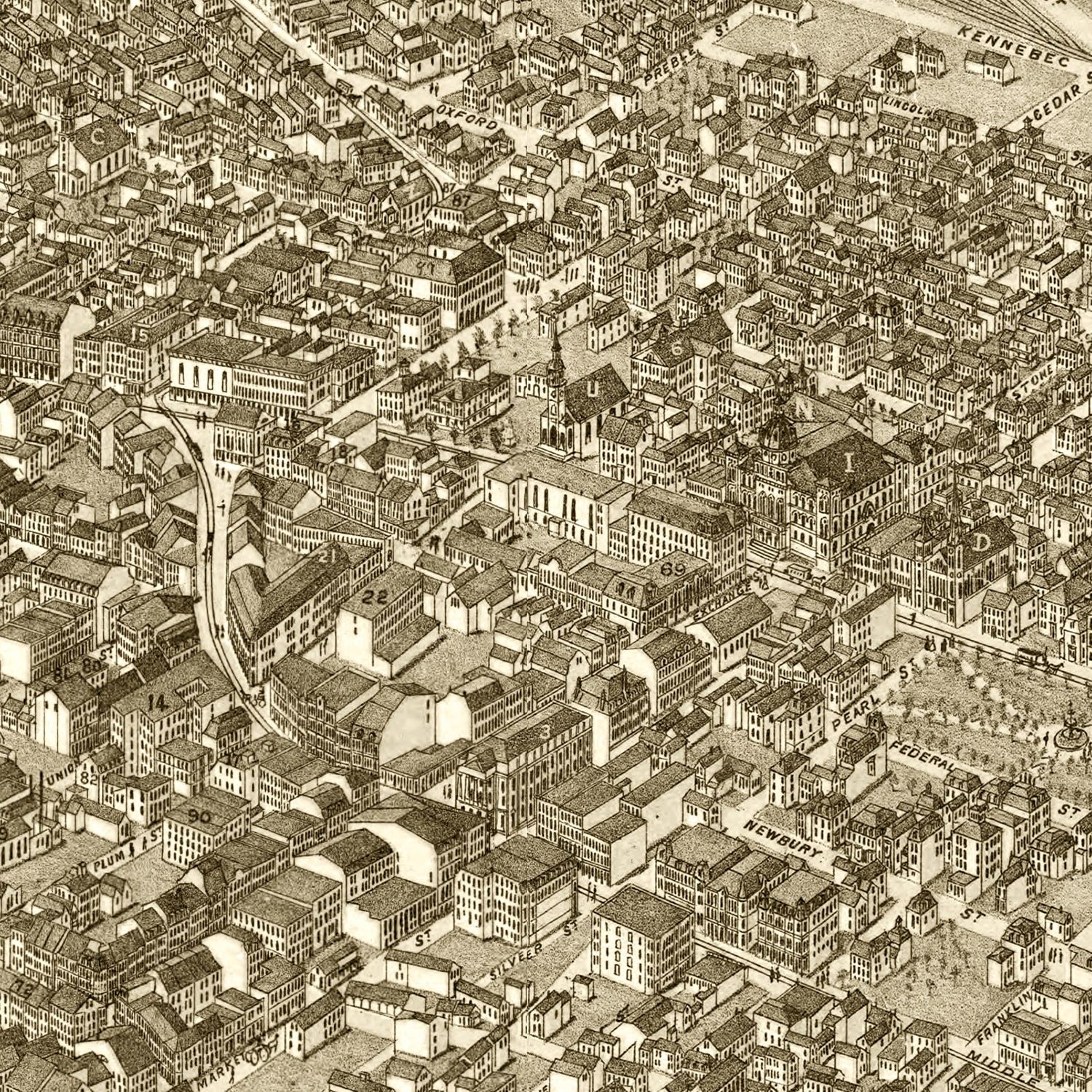 Restored historic details from the 1876 city map of Portland, Maine