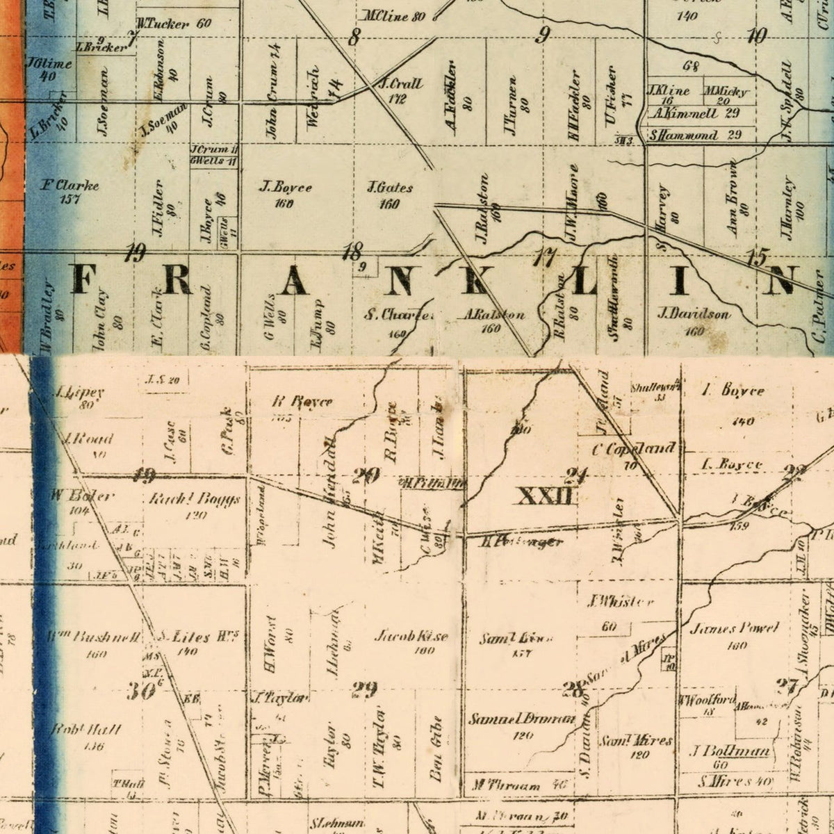 Restored historic details from the 1856 county map of Richland County, Ohio