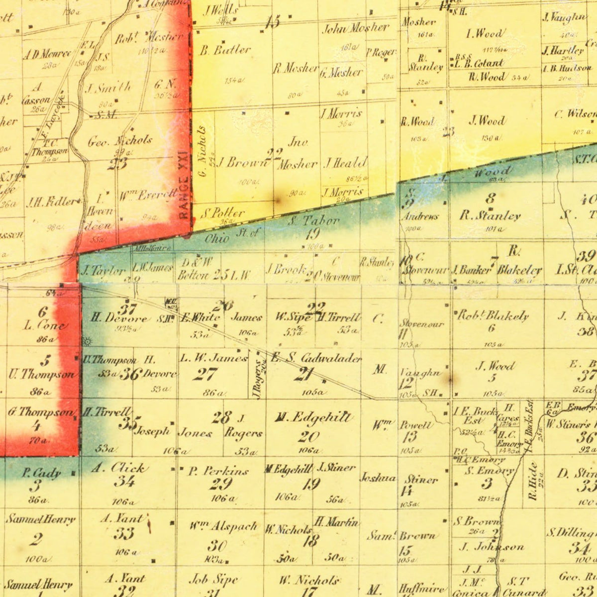 Restored historic details from the 1857 county map of Morrow County, Ohio
