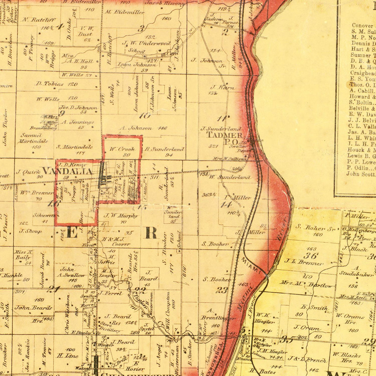 Restored historic details from the 1869 county map of Montgomery County, Ohio