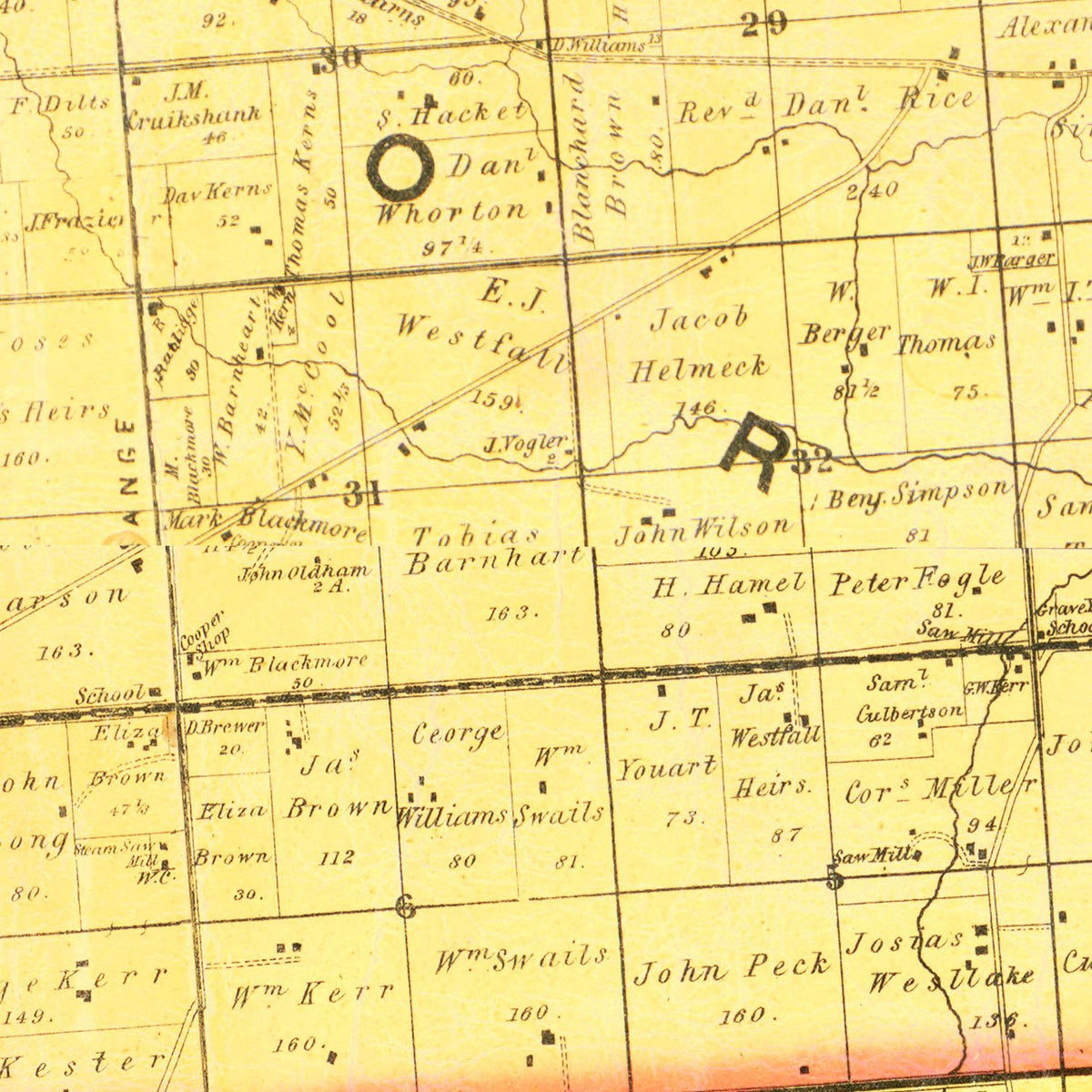 Restored historic details from the 1858 county map of Miami County, Ohio