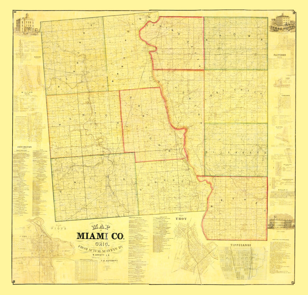 Vintage Map of Miami County, Ohio 1858 print style example