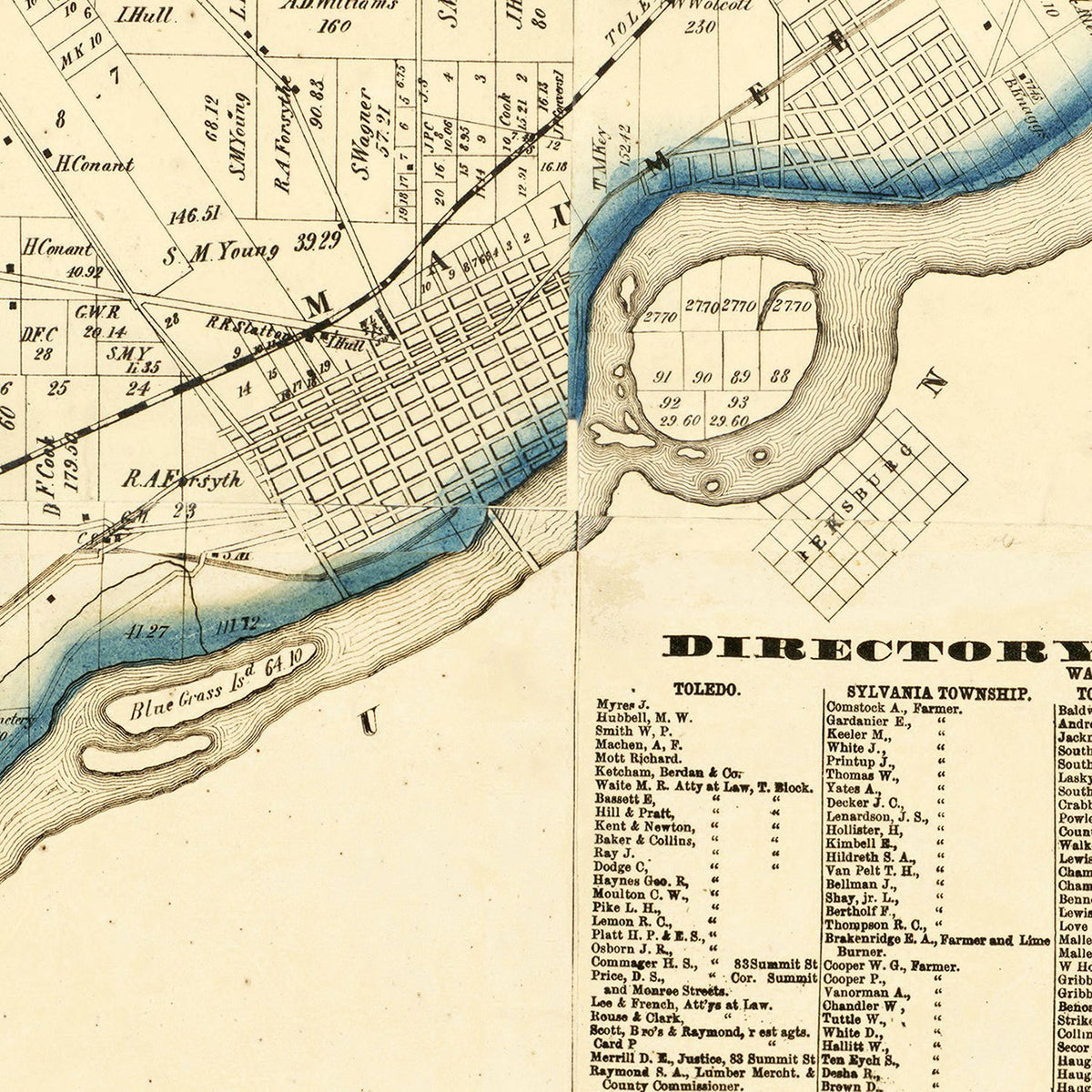 Restored historic details from the 1861 county map of Lucas County, Ohio