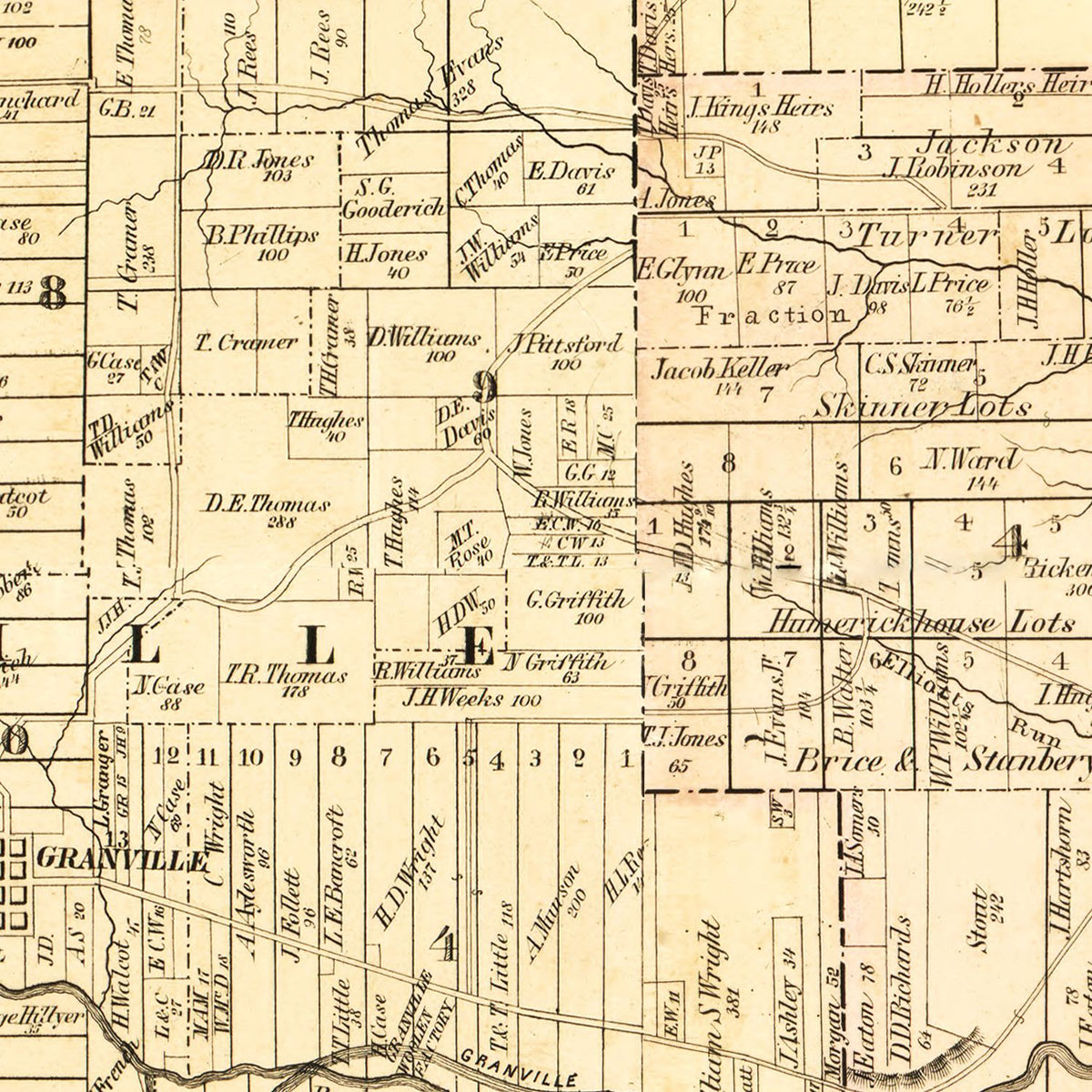 Restored historic details from the 1854 county map of Licking County, Ohio