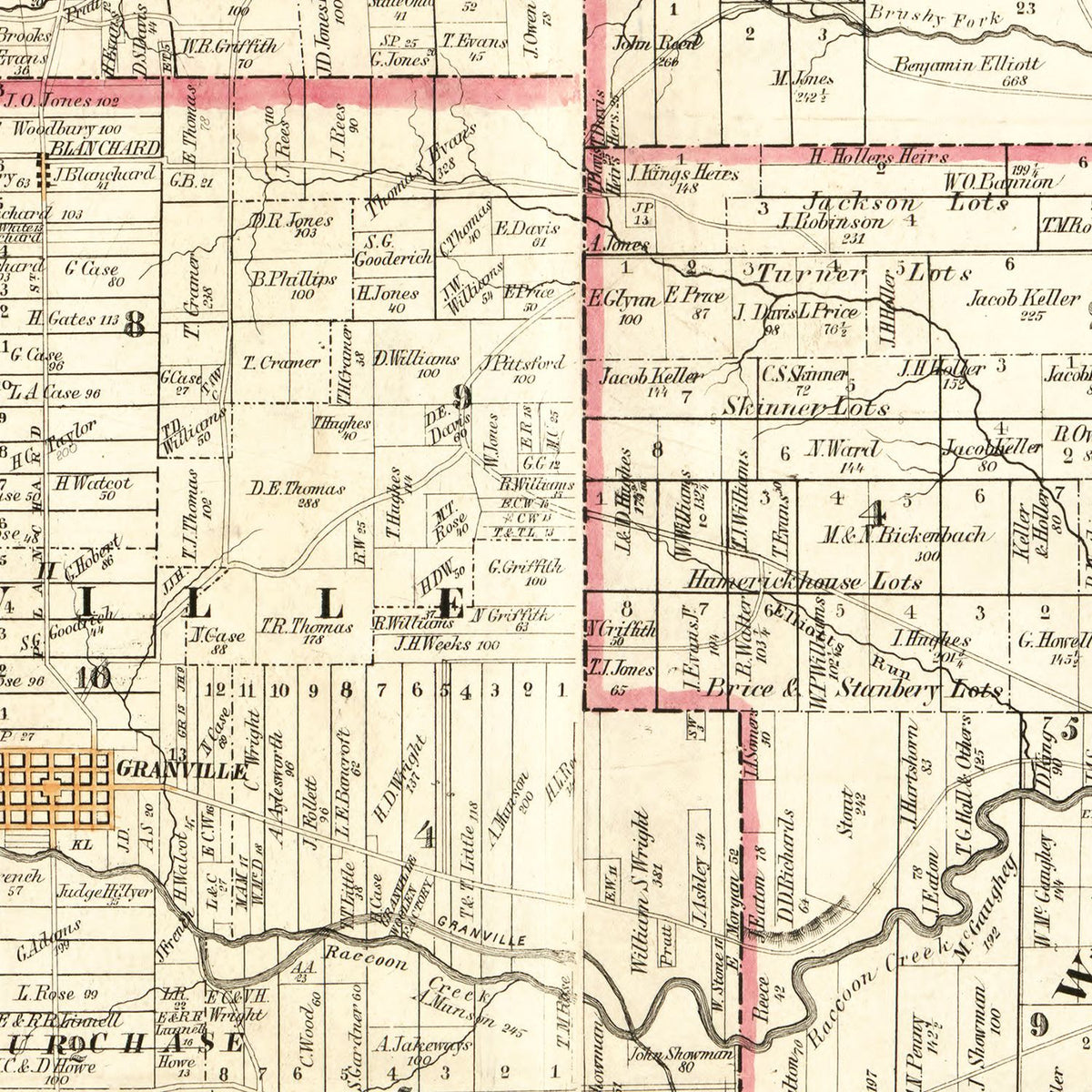 Restored historic details from the 1854 county map of Licking County, Ohio