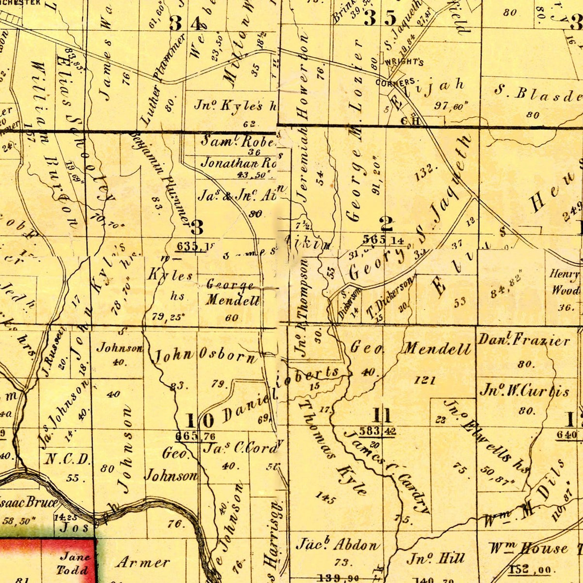Restored historic details from the 1860 county map of Dearborn County, Indiana