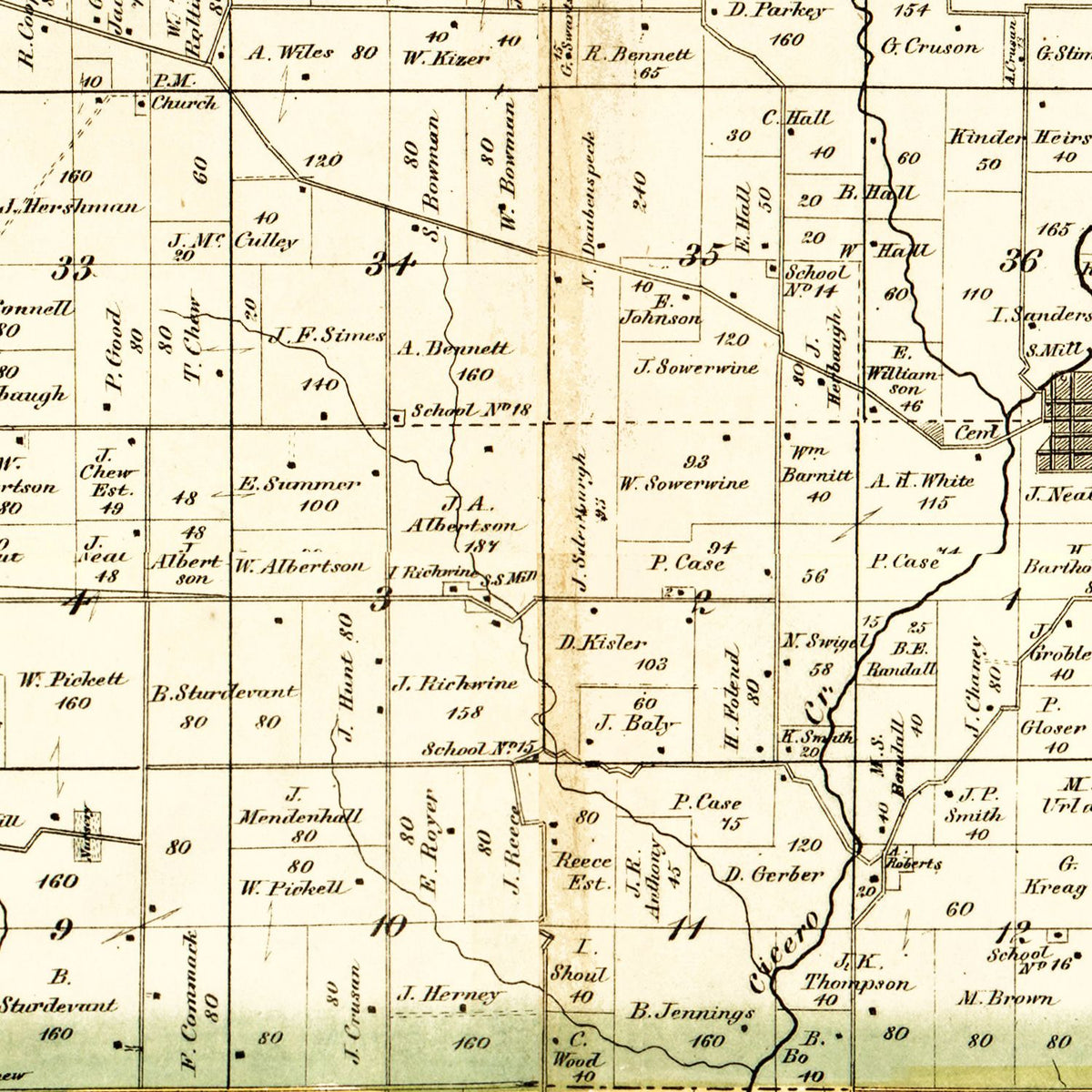 Restored historic details from the 1866 county map of Hamilton County, Indiana