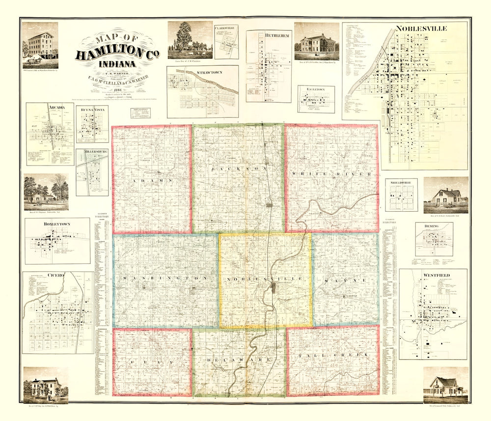 Vintage Map of Hamilton County, Indiana 1866 print style example