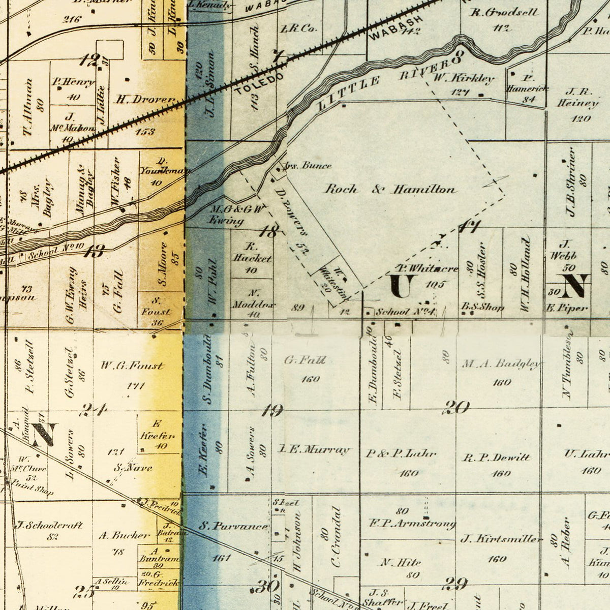 Restored historic details from the 1866 county map of Huntington County, Indiana