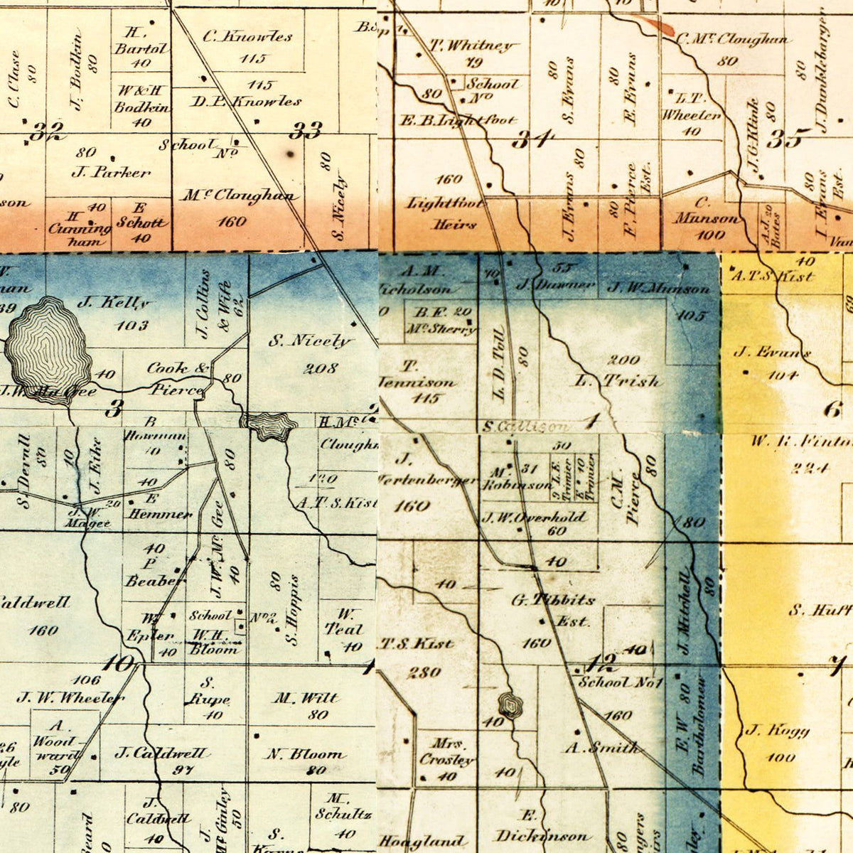 Restored historic details from the 1866 county map of Kosciusko County, Indiana