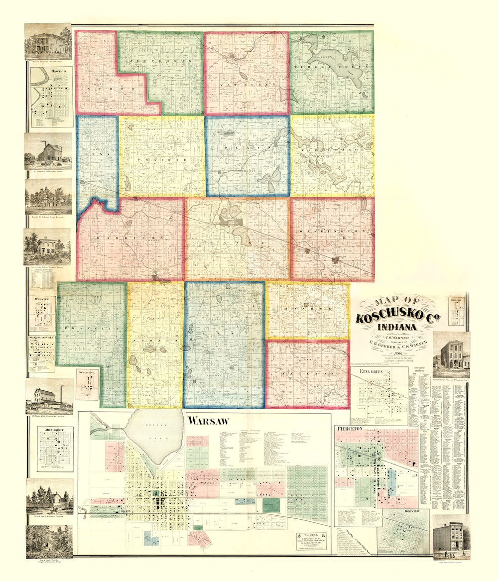 Vintage Map of Kosciusko County, Indiana 1866 print style example
