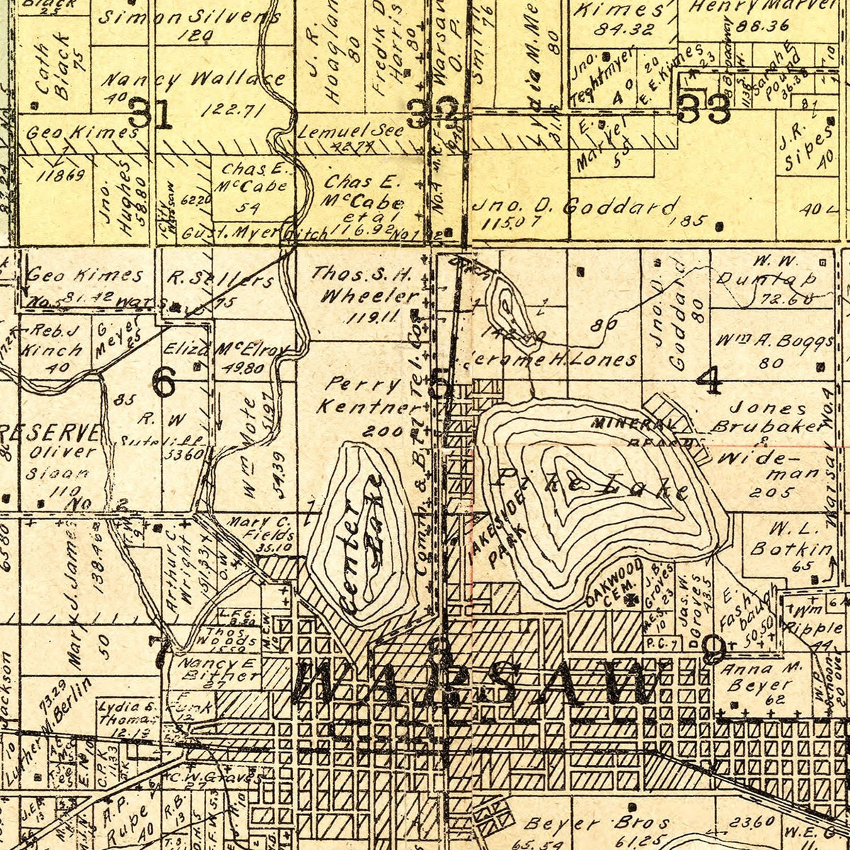 Restored historic details from the 1909 county map of Kosciusko County, Indiana