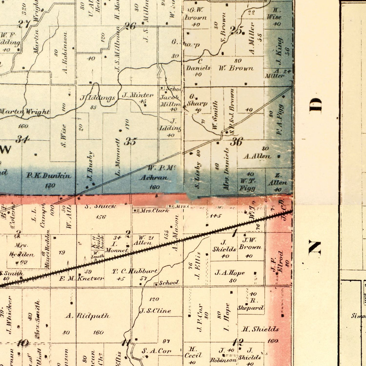 Restored historic details from the 1864 county map of Putnam County, Indiana