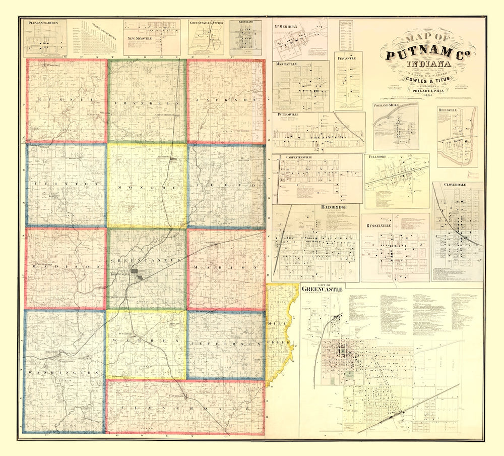 Vintage Map of Putnam County, Indiana 1864 print style example