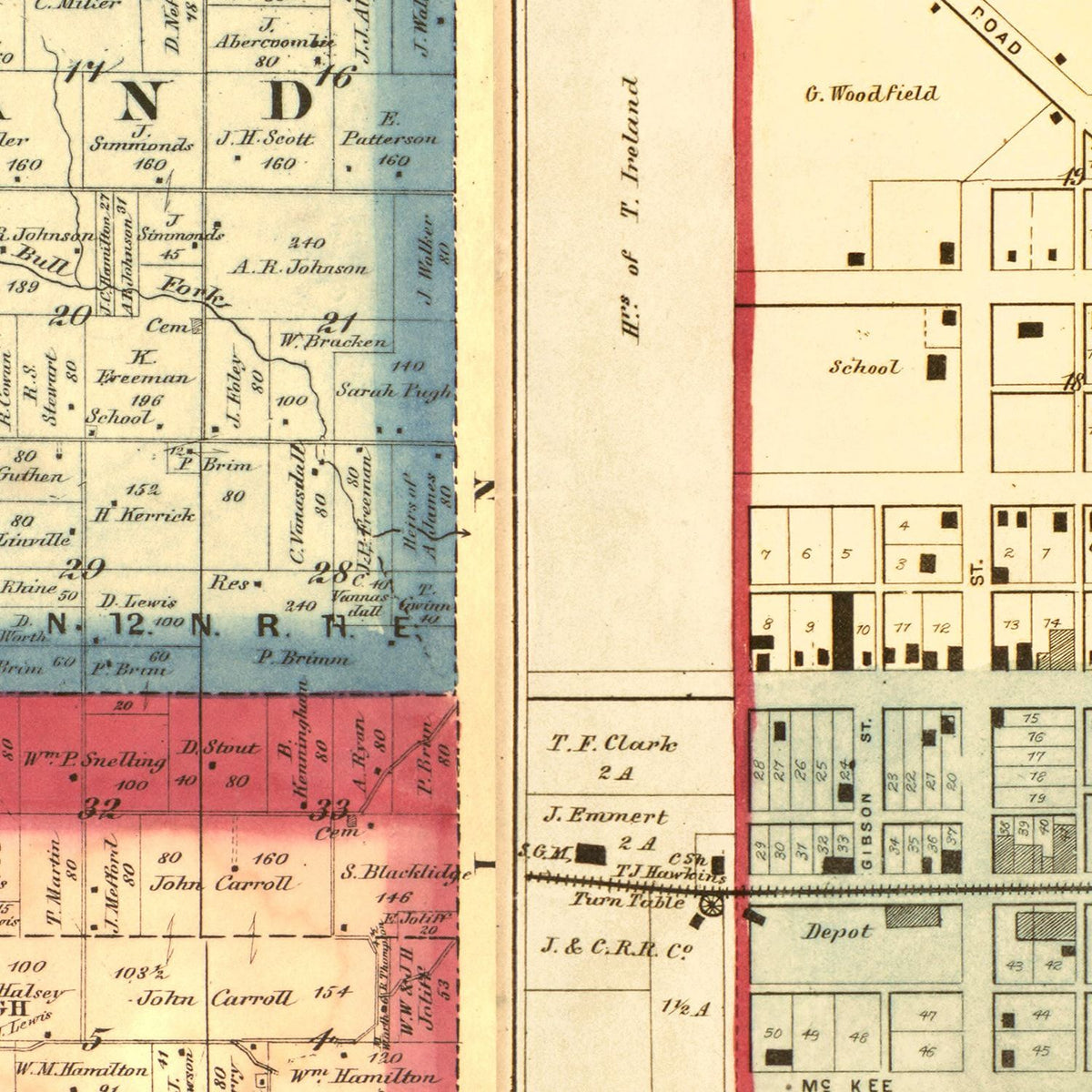 Restored historic details from the 1867 county map of Rush County, Indiana