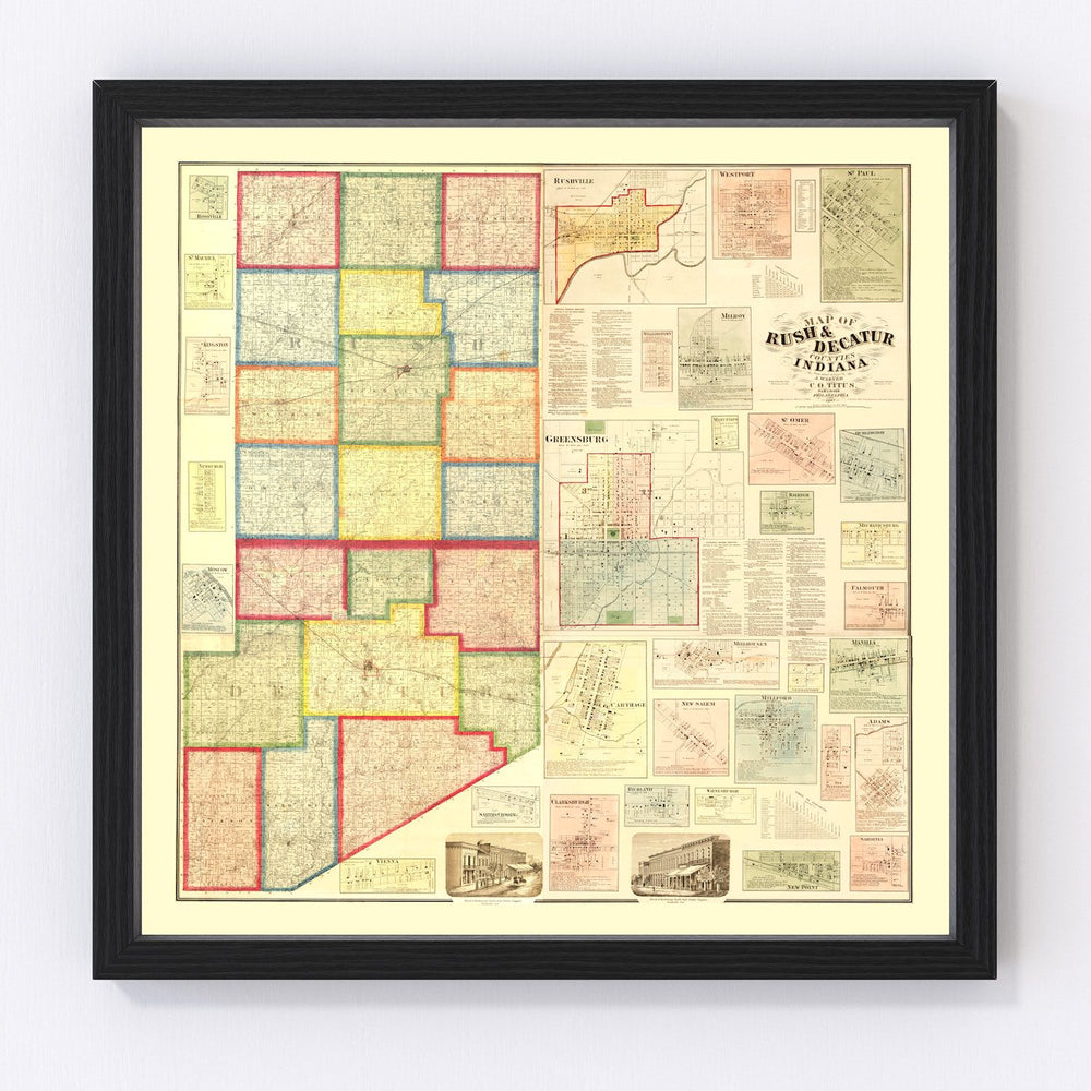Rush County Vintage Map 1867