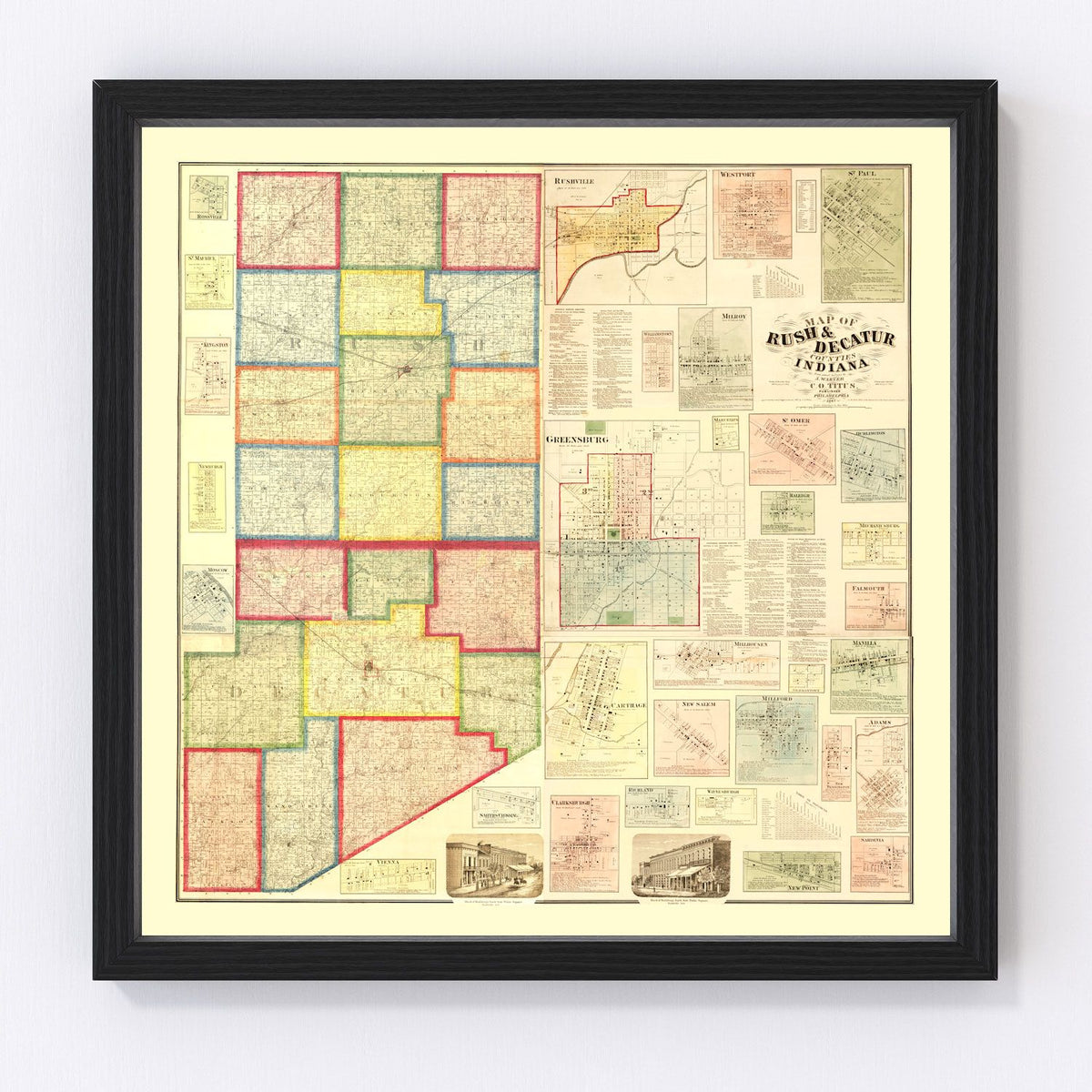 Rush County Vintage Map 1867