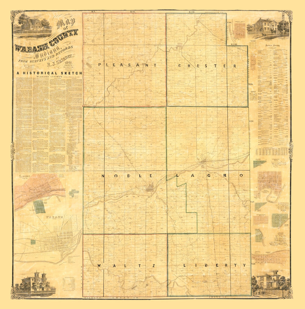 Vintage Map of Wabash County, Indiana 1861 print style example