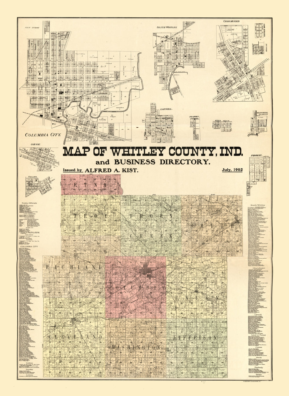 Vintage Map of Whitley County, Indiana 1902 print style example