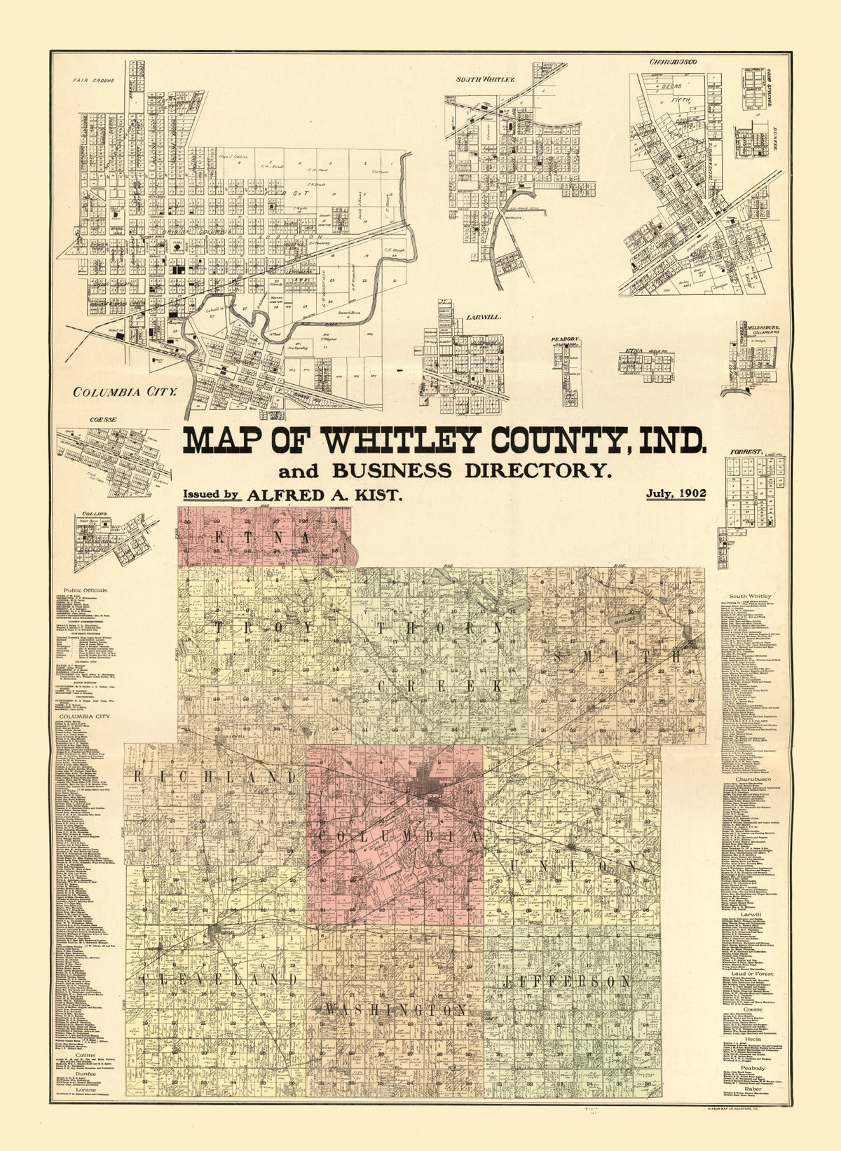 Preview of Vintage Map of Whitley County, Indiana 1902