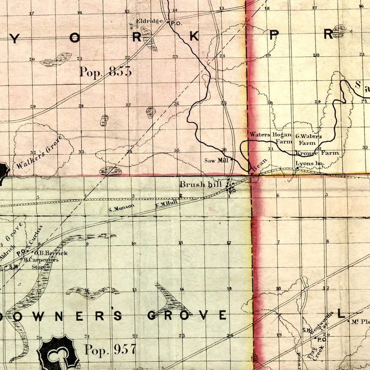 Restored historic details from the 1851 county map of Kane County, Illinois