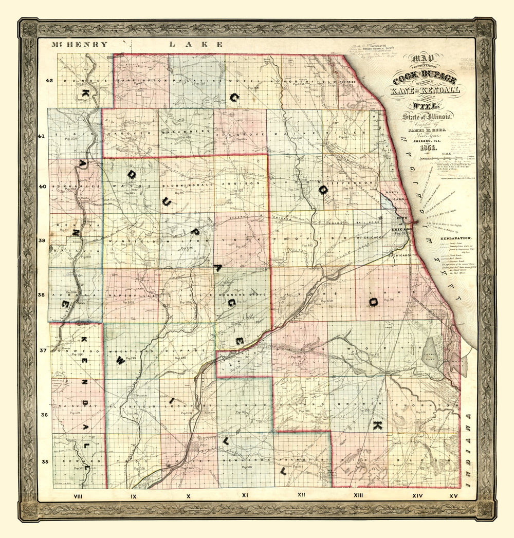 Vintage Map of Kane County, Illinois 1851 print style example