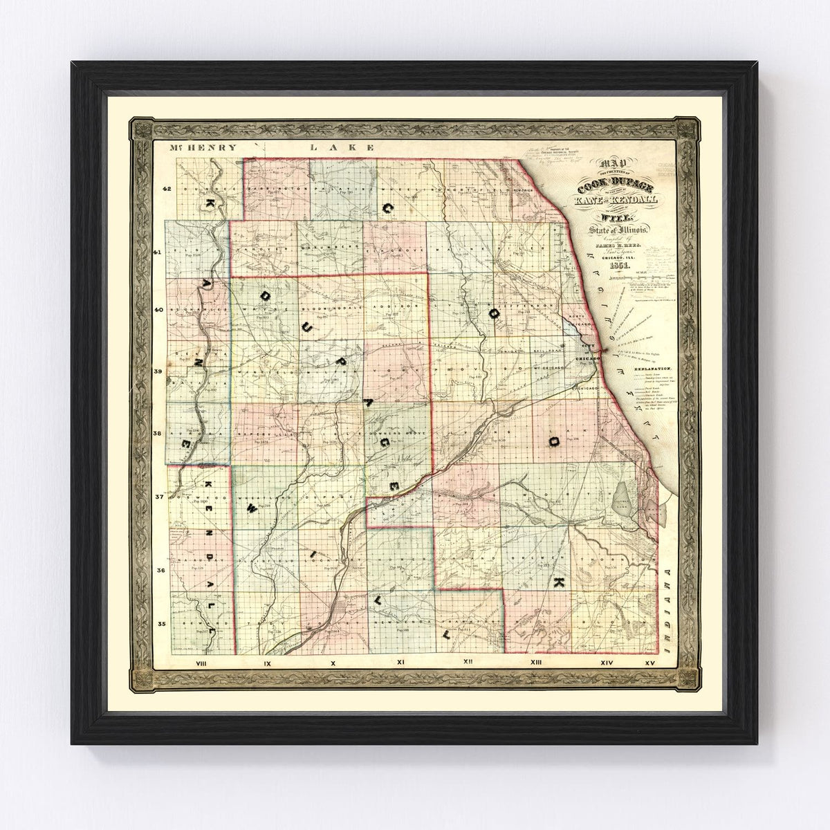 Kane County Vintage Map 1851