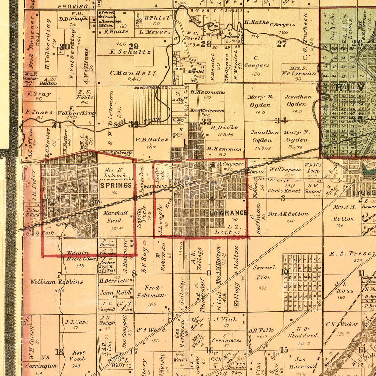 Restored historic details from the 1886 county map of Cook County, Illinois