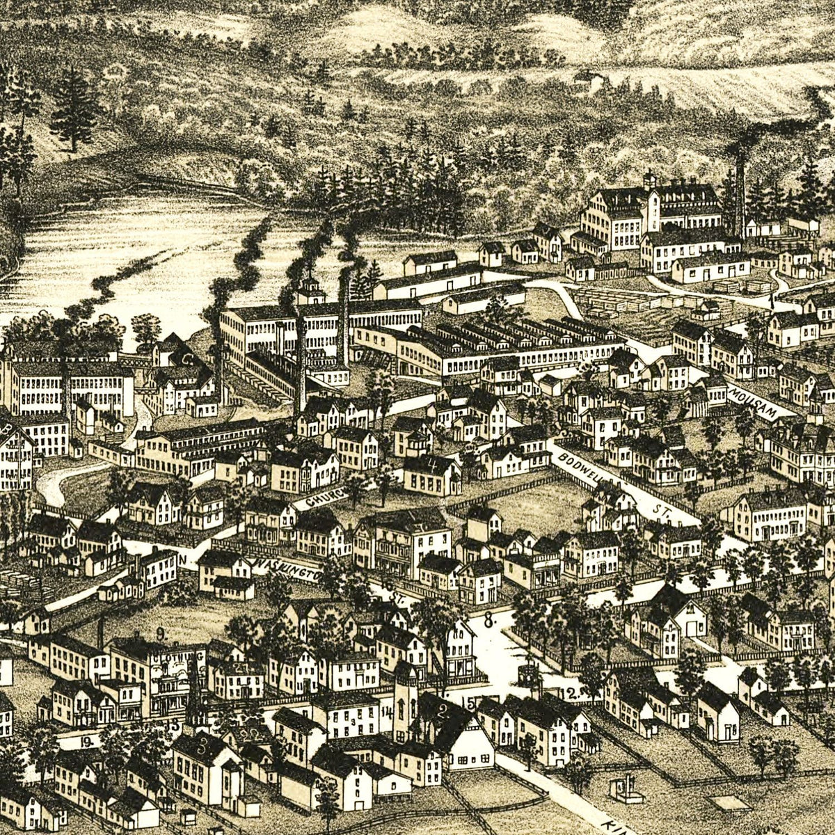 Restored historic details from the 1889 city map of Sanford, Maine
