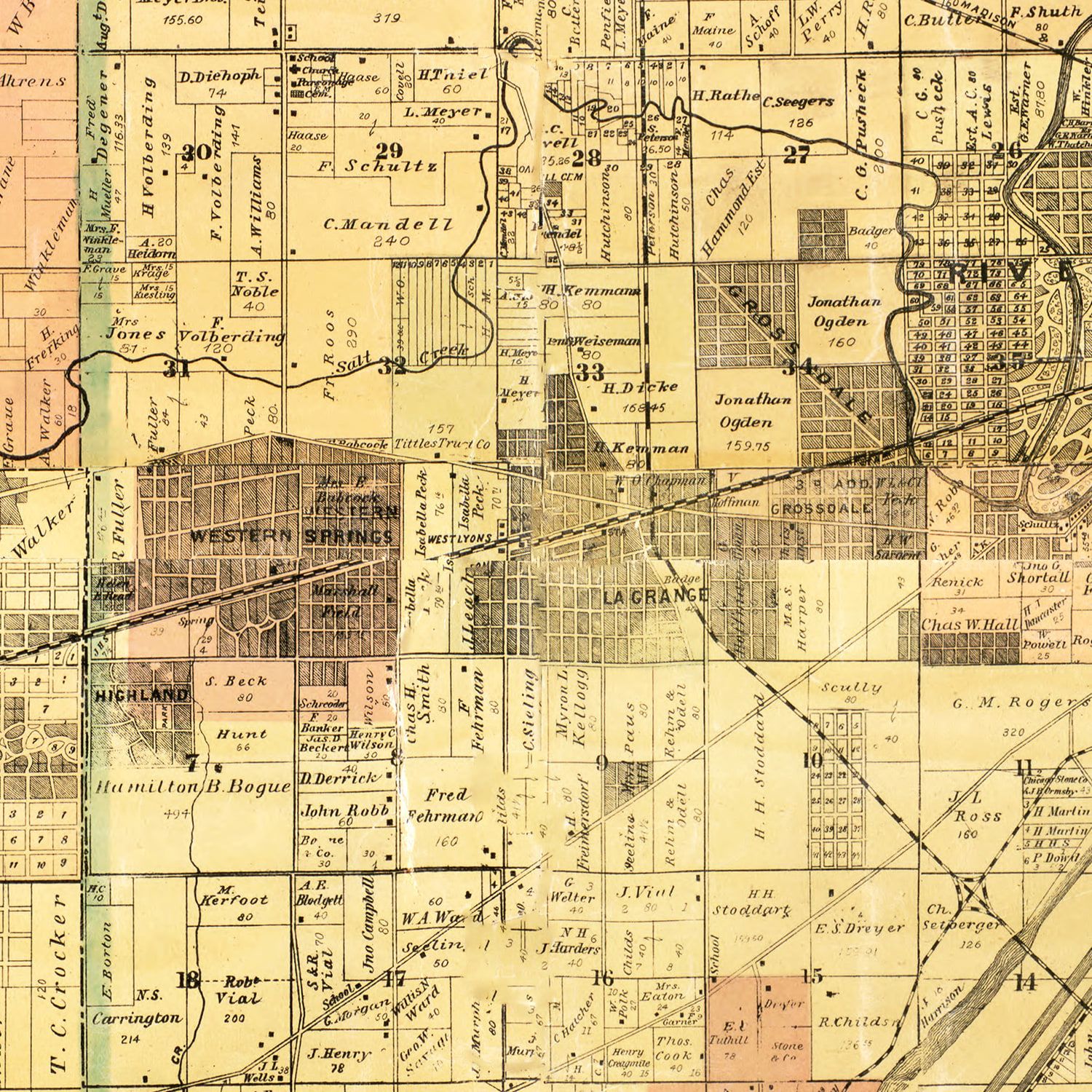 Restored historic details from the 1898 county map of Cook County, Illinois