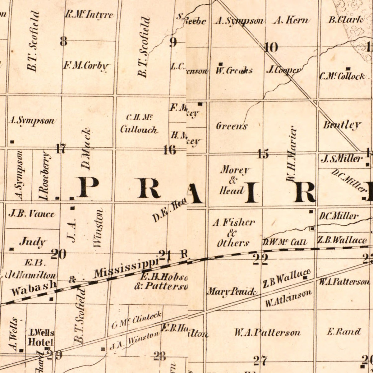 Restored historic details from the 1859 county map of Hancock County, Illinois
